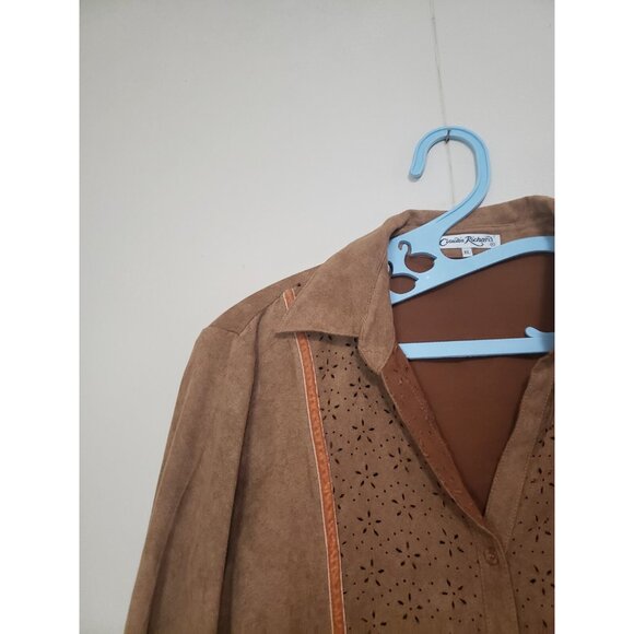 Claudia Richard Womens XL Blouse Faux Suede Cutout Floral Western Tan Button Up - Picture 4 of 6